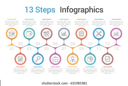 Plantilla de infografía con 13 pasos u opciones, infografías de negocios, proceso, diagrama de flujo de trabajo, vectorial10 ilustración