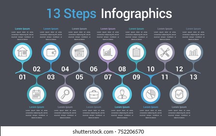 Plantilla de infografía con 13 pasos u opciones, infografías de negocios, proceso, diagrama de flujo de trabajo, vectorial10 ilustración