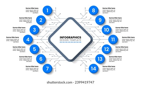 Infographic template with 14 options or steps. Chip. Can be used for workflow layout, diagram, banner, webdesign. Vector illustration