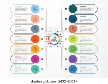 Infographic template with 14 steps, process or options, process chart, Used for process diagram, presentations, workflow layout, flow chart, infograph. Vector eps10 illustration.