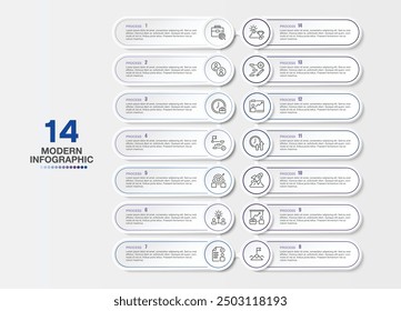 Plantilla de infografía con 14 pasos, proceso u opciones, diagrama de proceso, utilizado para diagrama de proceso, presentaciones, diseño de flujo de trabajo, diagrama de flujo, infografía. Vector eps10 ilustración.