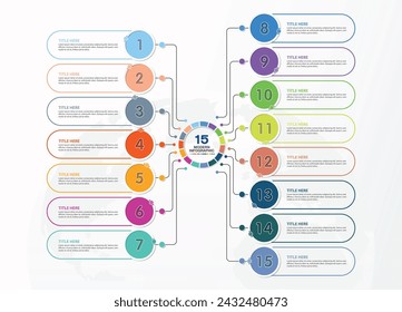 Infografik-Vorlage mit 15 Schritten, Prozess oder Optionen, Prozessdiagramm, Verwendet für Prozessdiagramm, Präsentationen, Workflow-Layout, Flussdiagramm, Infograph. Vektor eps10-Darstellung.