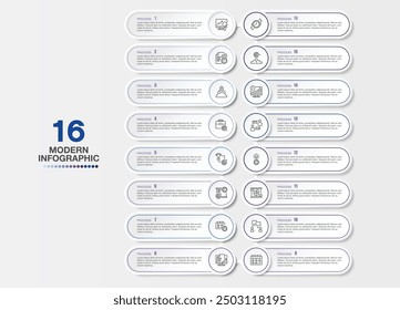 Infographic template with 16 steps, process or options, process chart, Used for process diagram, presentations, workflow layout, flow chart, infograph. Vector eps10 illustration.