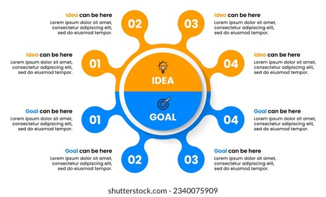 Infographic template with 2 icons and 4 connected steps. Idea, Goal. Can be used for workflow layout, diagram, banner, webdesign. Vector illustration