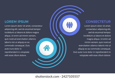 Plantilla de infografía con 2 opciones con lugar para sus iconos y texto, fondo oscuro, ilustración vectorial eps10
