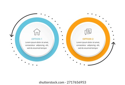 Modelo infográfico com 2 etapas ou opções com elementos circulares organizados lado a lado, diagrama de comparação, visualização de dados empresariais