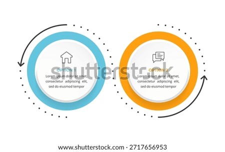 Infographic template with 2 steps or options with circular elements arranged side by side, comparison diagram, business data visualization
