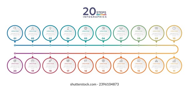 Plantilla de infografía con 20 opciones de círculo para presentación y visualización de datos. Gráfico de procesos empresariales. Diagrama con veinte pasos de éxito