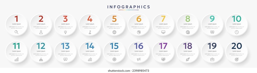 Plantilla de infografía con 20 opciones de círculo para presentación y visualización de datos. Gráfico de procesos empresariales. Diagrama con veinte pasos de éxito