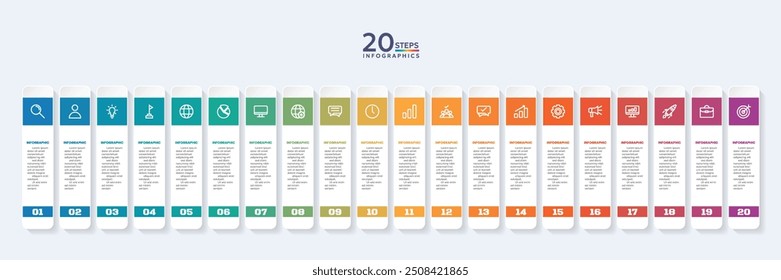 Modelo infográfico com 20 opções para apresentação e visualização de dados. Diagrama com vinte etapas para o sucesso