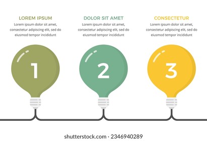 Plantilla infográfica con 3 bombillas de luz con números y texto, vectores eps10 ilustración