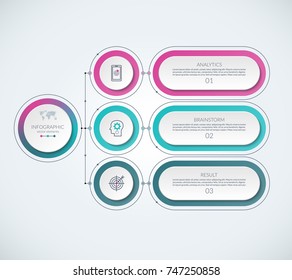 Infographic template with 3 option circles and tabs. Can be used as a process chart, workflow layout, diagram, info graph, data visualization, annual report, timeline, minimalistic web banner.