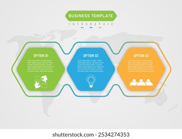 Infographic template with 3 options multi colored hexagons There is text and icons at the bottom, around the outside there is a gradient map outline at the bottom. gray gradient background