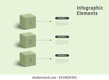 Plantilla de infografía y 3 opciones o pasos. Cubos verdes 3D. Diseño de flujo de trabajo, diagrama, Anuncio, diseño web. Ilustración vectorial