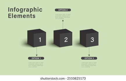 Plantilla de infografía y 3 opciones o pasos. Cubos negros 3D sobre un fondo verde. Diseño de flujo de trabajo, diagrama, Anuncio, diseño web. Ilustración vectorial