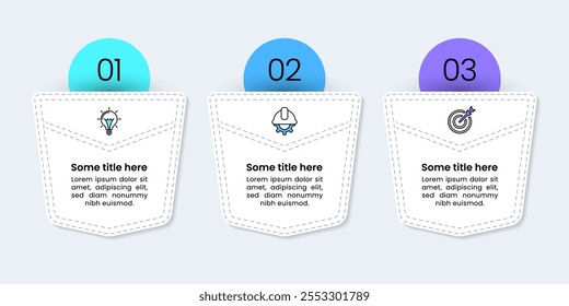 Plantilla de infografía con 3 opciones o pasos. Bolsillos. Se puede utilizar para el diseño del flujo de trabajo, diagrama, Anuncio, diseño web. Ilustración vectorial