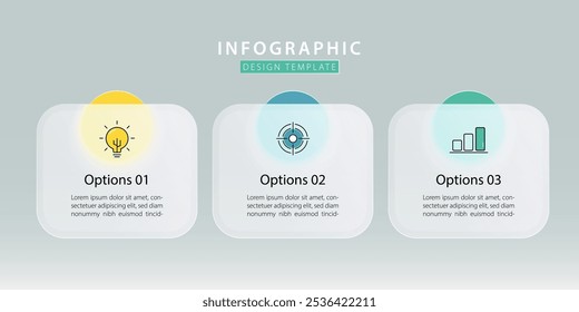 Infografía Plantilla de 3 pasos de fondo aislado de línea de tiempo, diseño plano simple Glassmorphic. Creador de diseños de flujo de trabajo empresarial 3 opciones, Ilustración vectorial de Presentaciones.