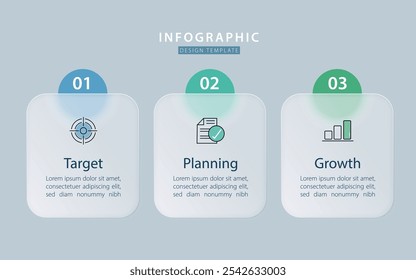 Infografía Plantilla de 3 pasos de fondo aislado de línea de tiempo, diseño plano simple Glassmorphic. Creador de diseños de flujo de trabajo empresarial 3 opciones, Ilustración vectorial de Presentaciones.