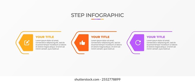 Plantilla infográfica. Viaje de la línea de tiempo de 3 pasos, Plantilla de diseño de infografías simples planas. Gráfico de presentación. Concepto de negocio con icono 3 opciones o pasos. Ilustración vectorial de antecedentes.