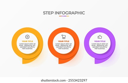 Infographic template. 3 Step timeline journey, Flat simple infographics design template. Presentation graph. Business concept with icon 3 options or steps. Background vector illustration.