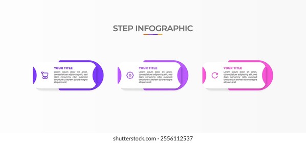 Infographic template. 3 Step timeline journey, Flat simple infographics design template. Presentation graph. Business concept with icon 3 options or steps. Background vector illustration.