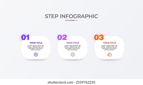 Infographic template. 3 Step timeline journey, Flat simple infographics design template. Presentation graph. Business concept with icon 3 options or steps. Background vector illustration.