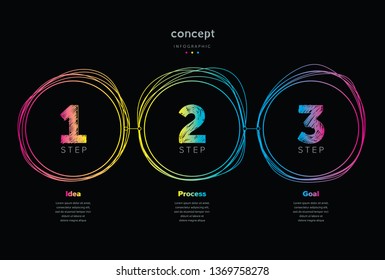 Infographic template with 3 steps on black background. Infographic for your business concept. Can be used for presentation, workflow layout, process visualization
