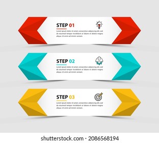 infographic template with 3 steps or options. Banner with arrows. Can be used for workflow layout, diagram, webdesign. Vector