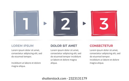 Infographic template with 3 steps or options with handdrawn squares, vector eps10 illustration