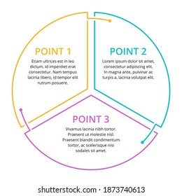 Infographic template with 3 steps or points in thin line colorful rounded outline segments and sample text 