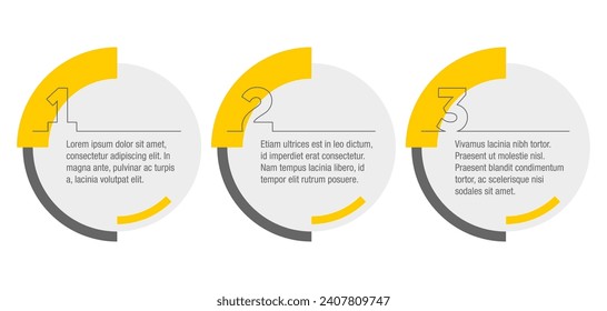 infographic template. 3 steps or points in horizontal row, yellow fill and thin line