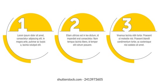 Infografik-Vorlage. 3 Stufen oder Punkte in horizontaler Reihe, gelbe Füllung mit negativem Leerzeichen und dünner Linie