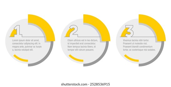 infographic template. 3 steps or points in horizontal row, yellow fill and thin line
