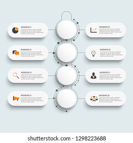 Infographic template with 3D paper label, integrated circles. Business concept with 8 options. Ffor workflow layout infographic, diagram, number, web design.