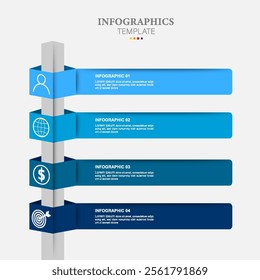 Infographic template with 3D paper label, arrow concept with 4 options. For content, diagram, flowchart, steps, parts, timeline infographics, workflow