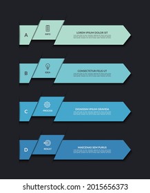 Infographic template with 4 arrows on black background. Can be used for diagram, graph, chart, report, web design. Vector illustration