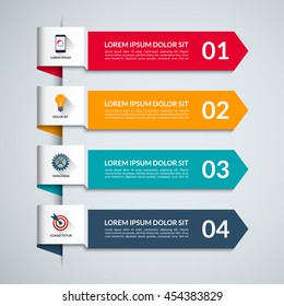 Modelo infográfico com 4 setas, opções, passos. Banner vetorial com ícones de negócios e elementos de design. Pode ser usado para layout de fluxo de trabalho, diagrama, gráfico, opções de número, relatório, web design