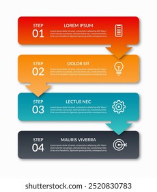 Plantilla infográfica con 4 flechas apuntando hacia abajo. Elementos de diseño de Vector para infografías. Se puede utilizar para el diseño del flujo de trabajo, diagrama, gráfico, gráfico, Diseño web.