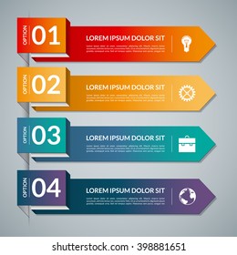 Modelo infográfico com 4 setas, passos, peças, opções. Banner vetorial com ícones de negócios e elementos de design. Pode ser usado para web, gráfico, gráfico, diagrama, relatório, layout de fluxo de trabalho. Estilo Origami