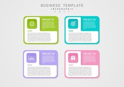 Infographic Template 4 Business Projects Multi-colored Squares Below Letters In The Upper Corners, White Squares Above, Text In The Lower Corners. Multi-colored Left Corner Square Button, Center Icon