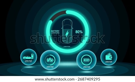 Infographic template with 4 options. Battery charge status in circle format. Futuristic technology abstract background.