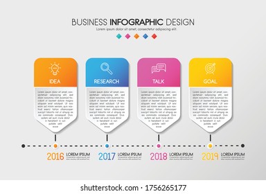 Infografische Vorlage mit 4 Optionen. Farbige Zeitlinie. Vektorgrafik