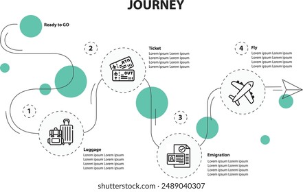 Infographic template with 4 options or journey steps.It can be used travel journey infographic, flight Process Steps Visualization, passenger journey map, air travel step-by-step Guide illustration