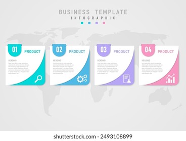 Infographic template with 4 options The product is a multi-colored square with a white icon in the lower right corner, a white curved square at the top with letters in the center of the map below.