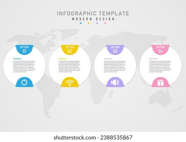 Plantilla de infografía 4 opciones simple círculo blanco de negocios texto superior centro color pastel semicírculo multicolor icono blanco superior e inferior bajo el mapa abajo. fondo de gradiente gris