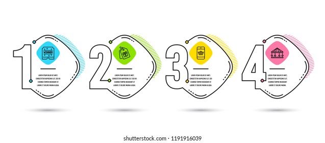 Infographic template 4 options or steps. Set of Coupons, Smartphone buying and Winner ticket icons. Carousels sign. Shopping tags, Website shopping, Carousels award. Attraction park. Vector