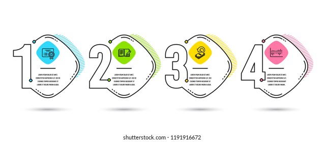 Infographic template 4 options or steps. Set of Certificate, Feedback and Cashback icons. Column diagram sign. Verified document, Book with pencil, Financial transfer. Sale statistics. Vector