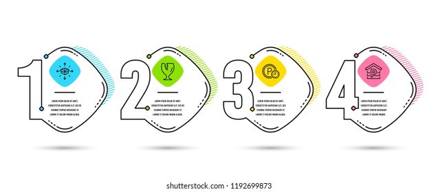 Infographic template 4 options or steps. Set of Parcel delivery, Parking time and Fragile package icons. Parking sign. Logistics service, Park clock, Safe shipping. Garage. Vector