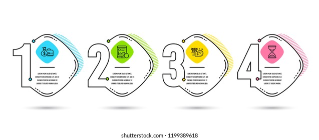 Infographic template 4 options or steps. Set of Salary, Quick tips and Internet report icons. Time hourglass sign. Diplomat with money bag, Helpful tricks, Web tutorial. Sand watch. Vector