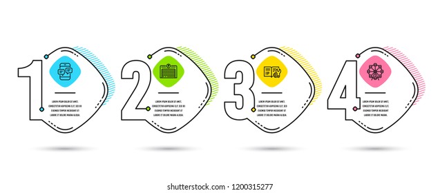 Infographic template 4 options or steps. Set of Phone messages, Engineering documentation and Parking garage icons. Ferris wheel sign. Mobile chat, Manual, Automatic door. Attraction park. Vector